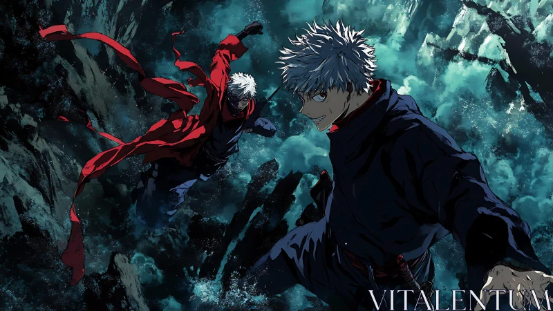 Storm-ripped chasm duel with twin white-haired warriors.