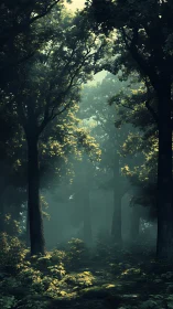Misty Forest Path with Golden Sunlight Through Trees