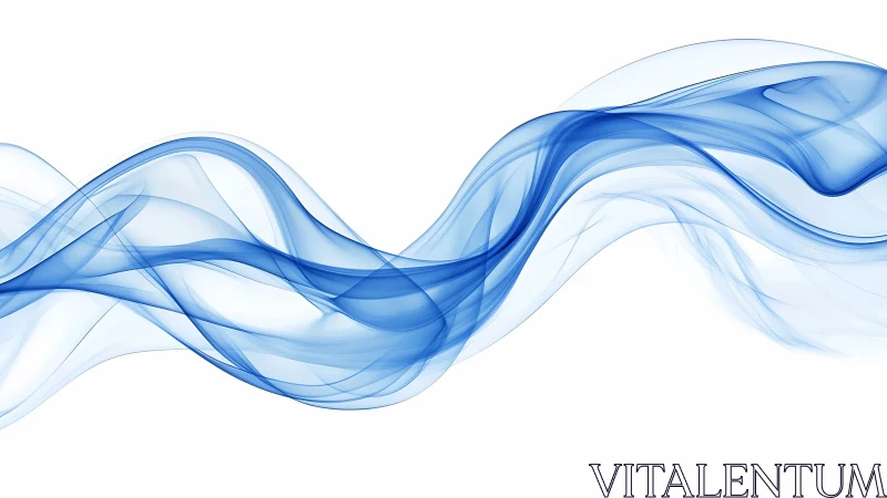 Blue translucent wave forms flowing across white field.