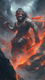 Mythic simian warrior traversing incandescent volcanic chasm.