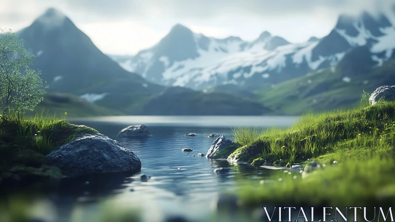 Whispering alpine lake cradled by snow-bitten peaks.