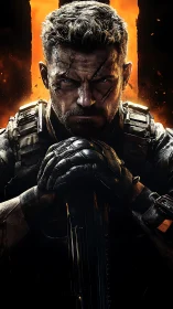 Battle-hardened soldier under rim lighting grips weapon vertically