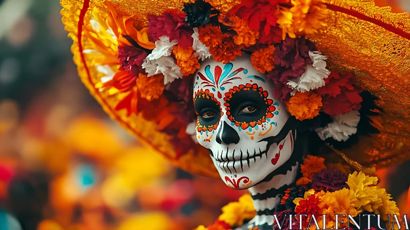 Calavera portrait with marigold headdress in rich bokeh field.