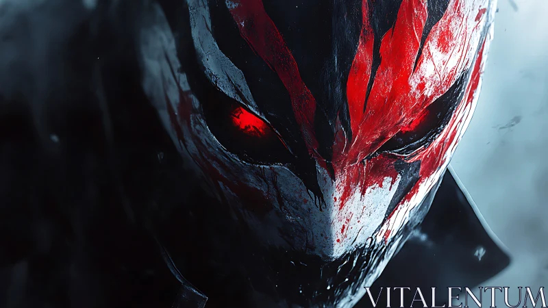 Dark masked figure with red streaks in close portrait.