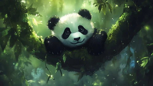 Playful baby panda rests on mossy jungle tree branch.