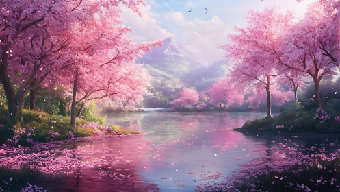 Cherry blossom lake under soft dawn mountain light.