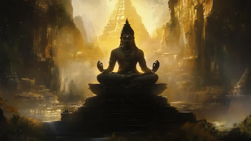 Serene deity statue in misty golden canyon temple landscape.