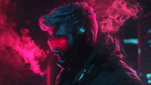 Profile view shows subject in neon headset and visor gear