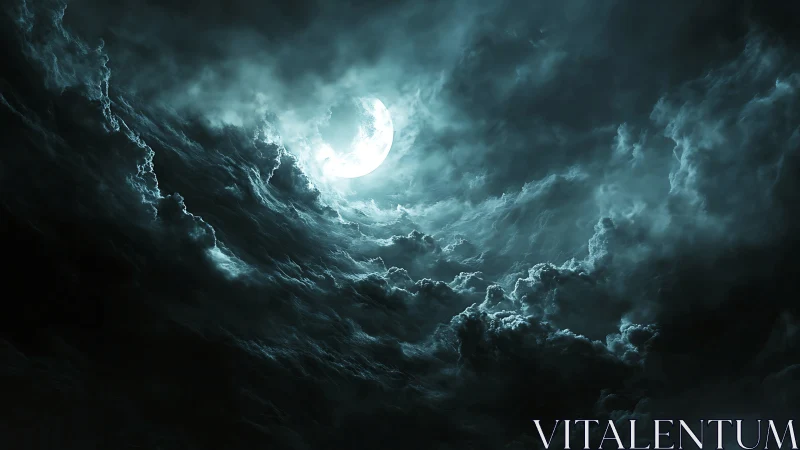 Luminous full moon penetrating storm-tossed cyan clouds.