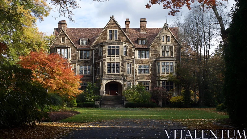 Historic manor framed by vivid autumn garden foliage.