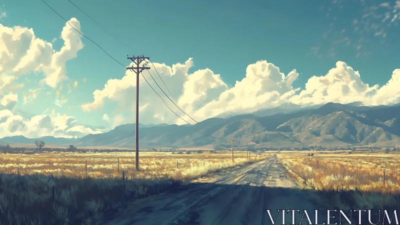 Rural dirt road stretches toward distant blue mountains