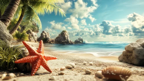 Starfish and seashells on quiet tropical beach scene.