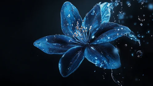 Bioluminescent Flower with Water Droplets in Deep Blue Environment.