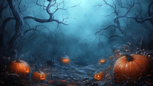 Haunted forest path glows with carved jack o lanterns