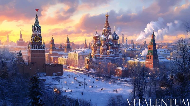 Winter sunset over colorful domes in a storybook cityscape.
