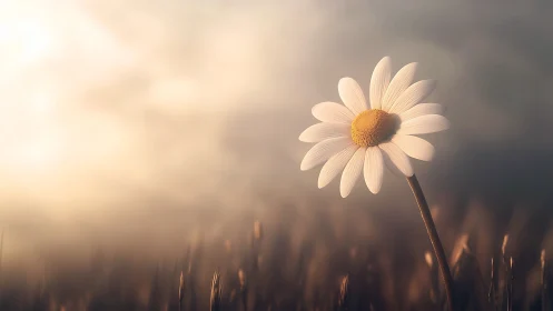 Single daisy in shallow focus against diffuse sky background.