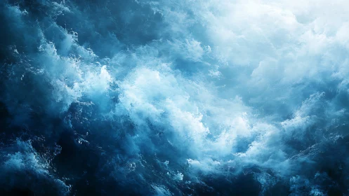 Turbulent ocean surface shows dense foamy blue water motion
