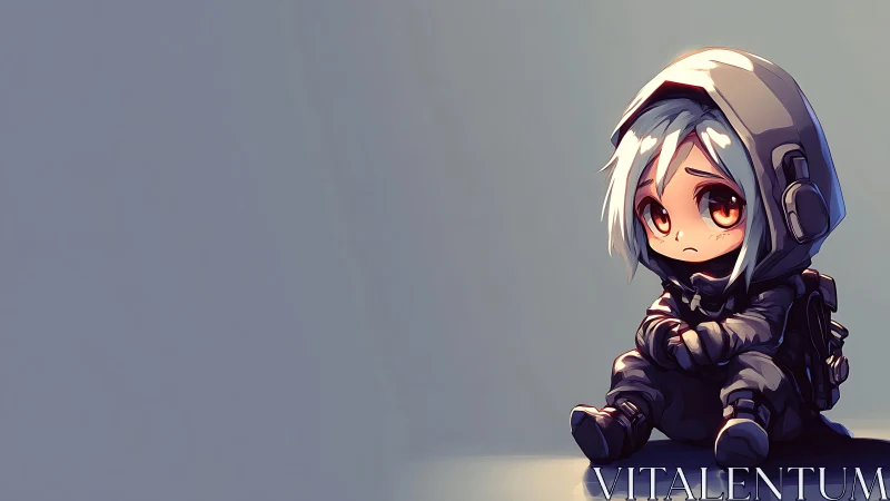 Lonely chibi astronaut sits in soft blue negative space.