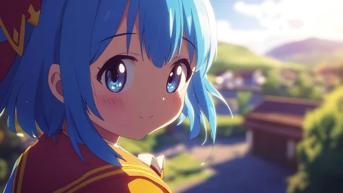 Blue‑haired village dreamer glows in soft summer sunlight.