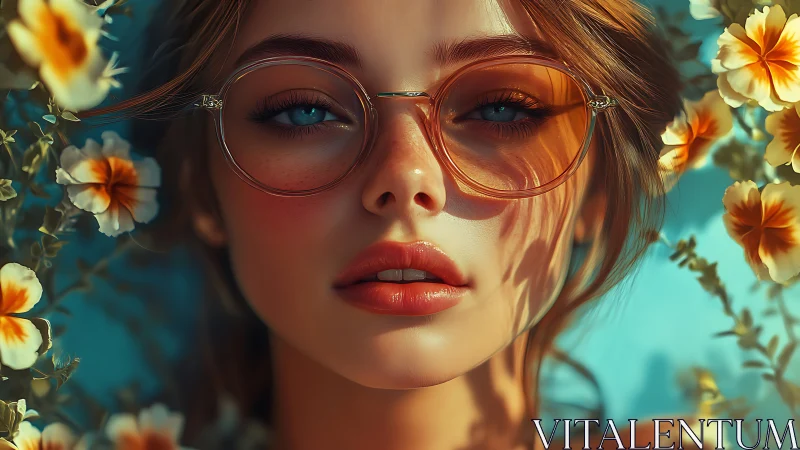 High-saturation portrait renders stylized face, lenses, and floral bokeh