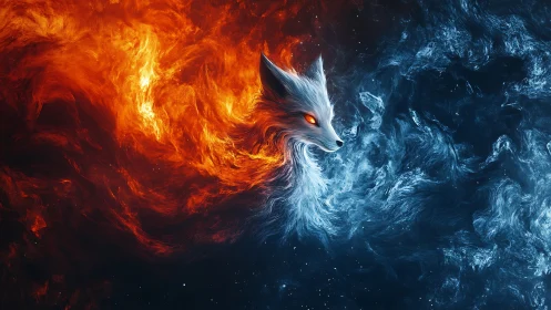 Elemental fox spirit emerges between flame and frost.