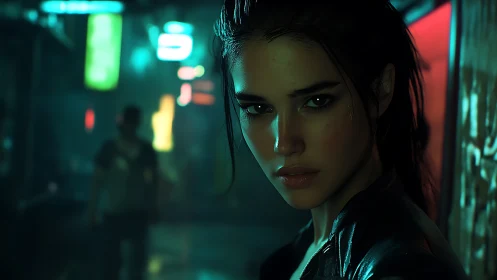 Cyberpunk woman studies the neon street with intense focus.