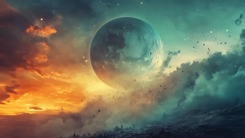 Luminous alien moon rises above turbulent cosmic horizon