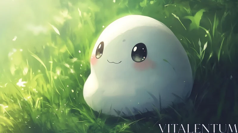 Soft white slime creature resting in glowing meadow light.