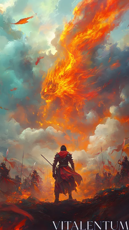 Warrior facing fiery dragon-shaped cloud over battlefield.