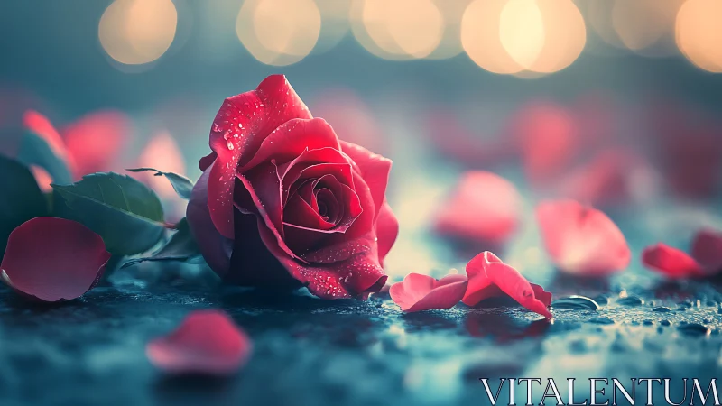 A Crimson Rose Glistens with Dewdrops and Romance.