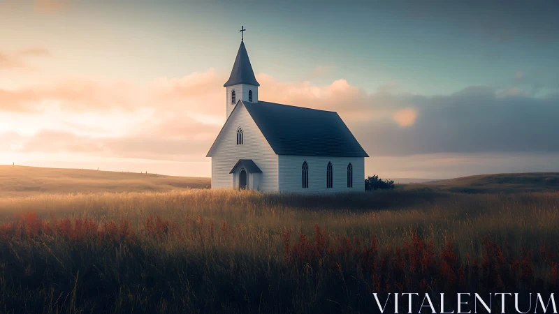 Solitary country church rests in golden, misty sunrise fields