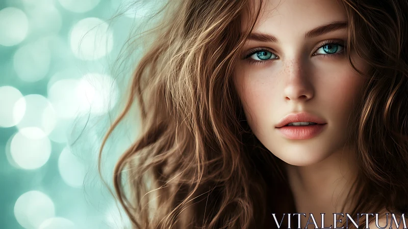 Portrait of teal-eyed woman in soft bokeh glow.