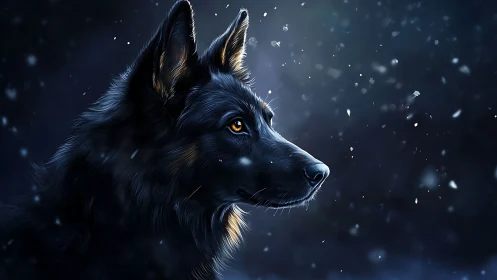 High-contrast profile of black shepherd in nocturnal snowfall