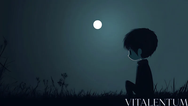 Silhouetted child observing full moon over grassy field.