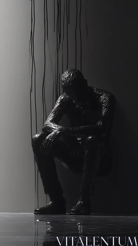 Brooding figure in black resin under streaked shadows.
