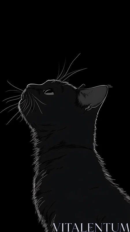 Black cat looking upward rendered in line art technique