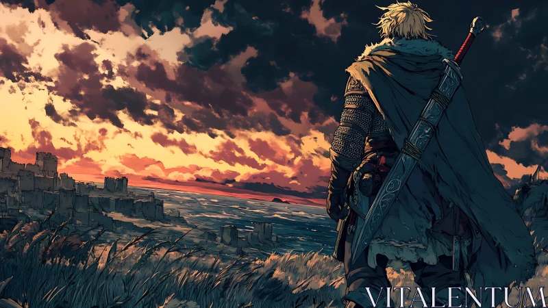 Cloaked warrior observes ruined coastal city at sunset