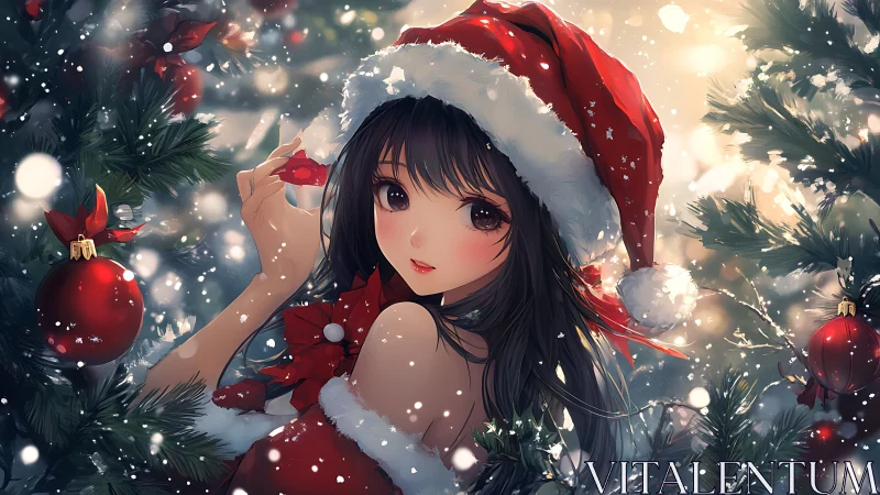 Anime girl in Santa outfit poses within glowing Christmas fir