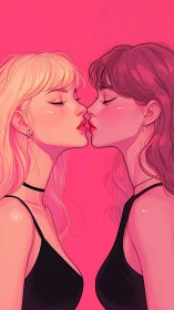 Close profile view of two women nearly kissing in pink.
