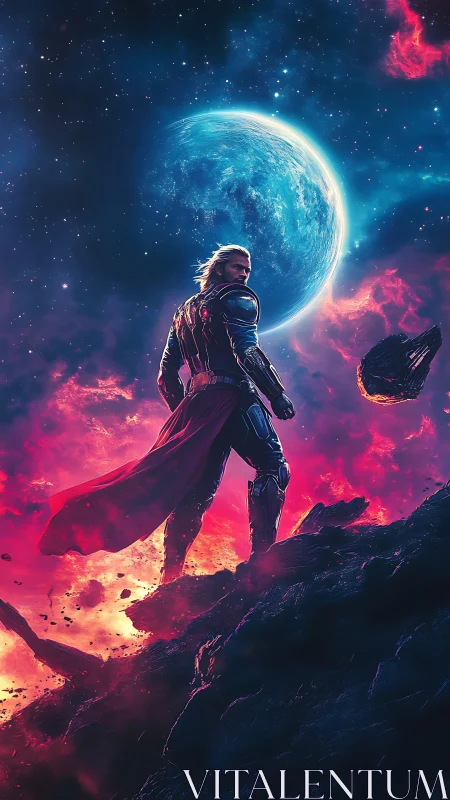 Starlit space warrior pauses on a blazing cosmic cliff