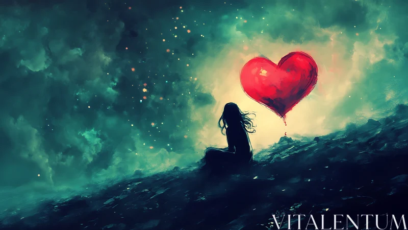 Silhouetted figure observes large red heart suspended in atmospheric landscape.