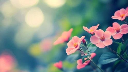 Pink cosmos flowers with shallow depth field and diffused bokeh background