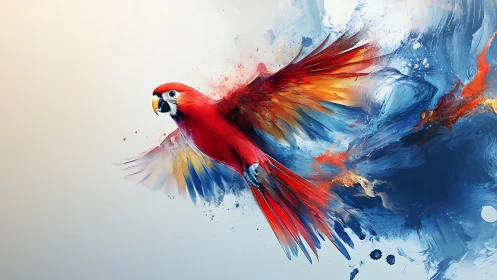 Digital rendering shows scarlet parrot integrated with paint flow