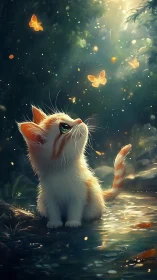 Young cat observing butterflies near reflective water surface.