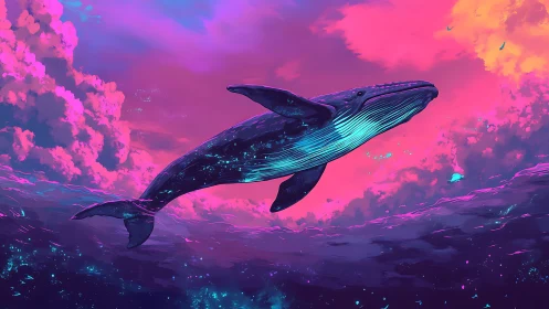 Celestial humpback whale glides through neon magenta sky