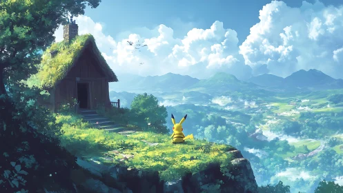 Pikachu resting on a sunlit cliff above a quiet valley.
