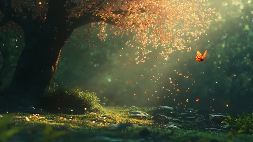 Butterfly under cherry tree in soft forest sunlight.