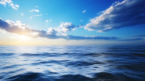 Radiant ocean horizon under sweeping sunrise clouds.