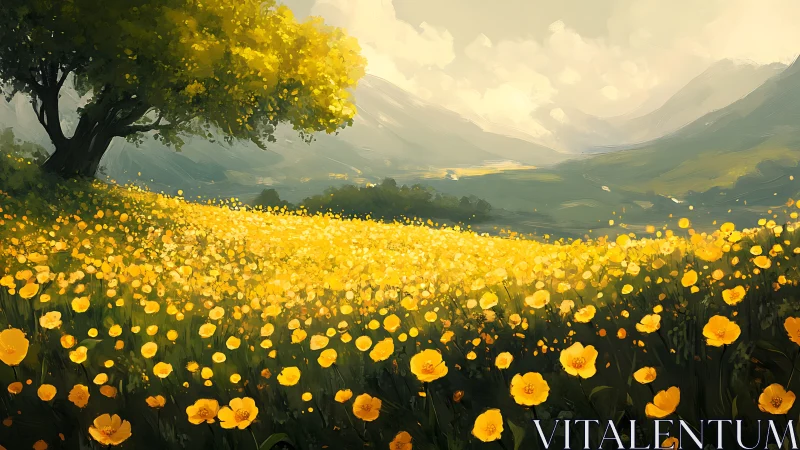 Golden wildflower meadow glows softly beneath distant hills