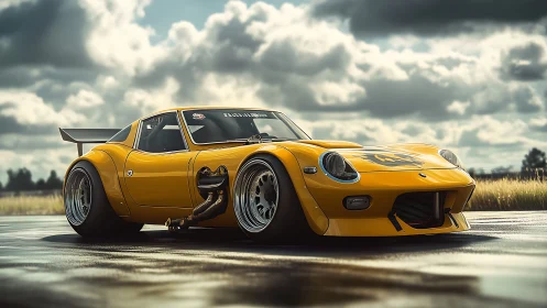 Low-slung yellow race car waits on wet runway under storm clouds